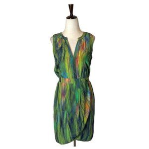 Charlie Jade Green Silk Split V Neckline Faux Wrap Skirt Mini Dress Size XS